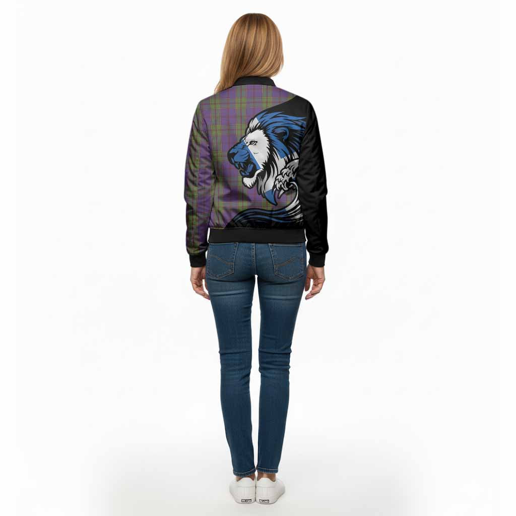 Strachan Tartan Crest Bomber Jacket Scottish Golden Lions Wave Flow