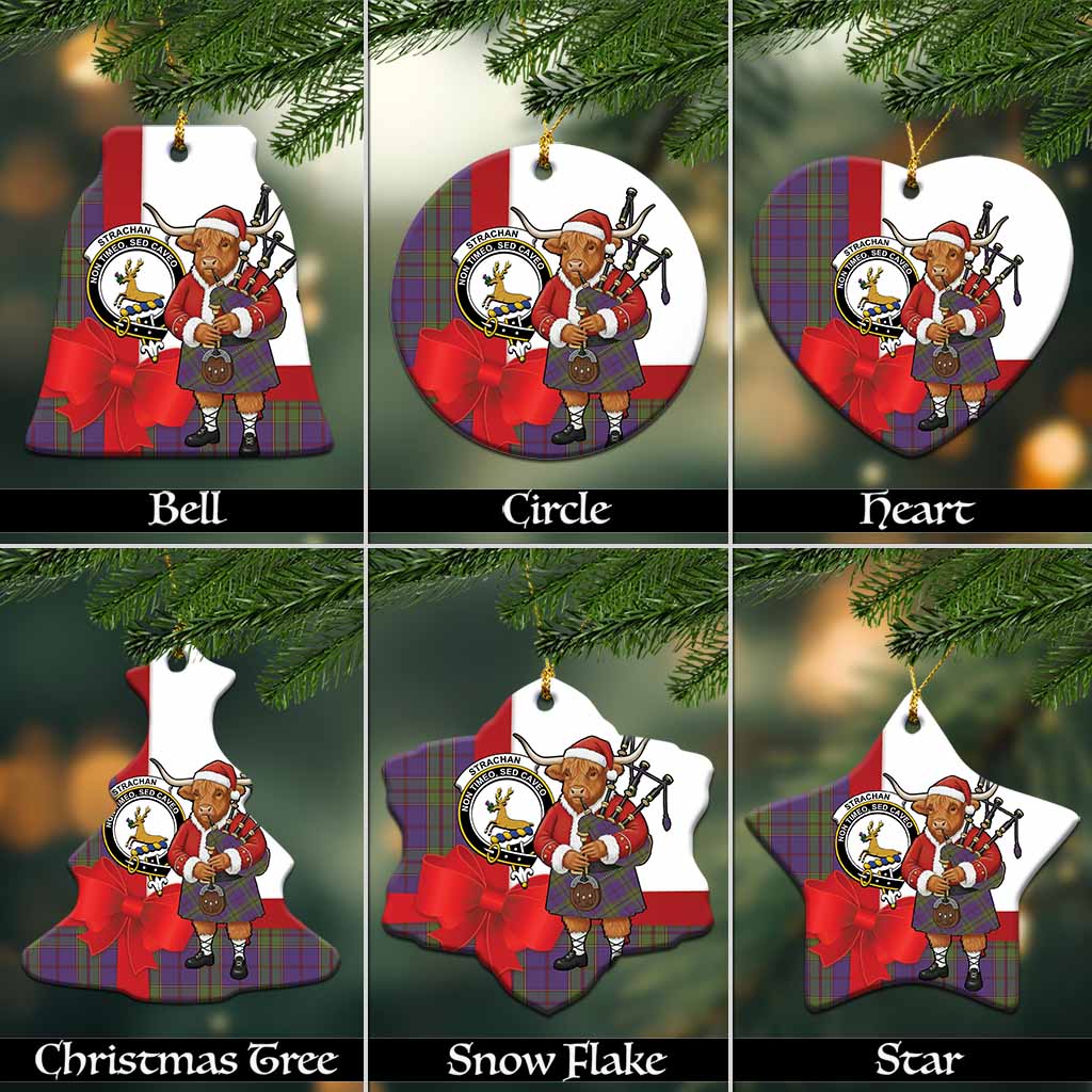 Strachan Tartan Crest Christmas Ceramic Ornament Highland Cow Bagpipes Coquette Bow Style