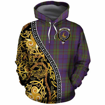 Strachan Tartan Crest Cotton Hoodie Celtic Knot and Triple Trickle Spiral Symbols