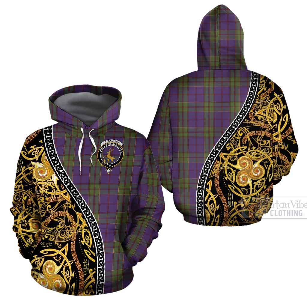 Strachan Tartan Crest Cotton Hoodie Celtic Knot and Triple Trickle Spiral Symbols