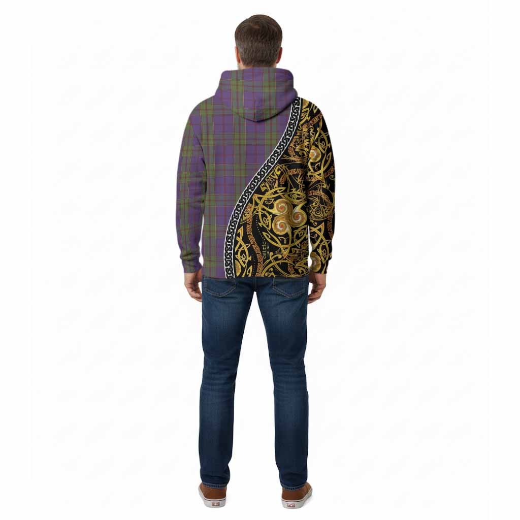 Strachan Tartan Crest Cotton Hoodie Celtic Knot and Triple Trickle Spiral Symbols
