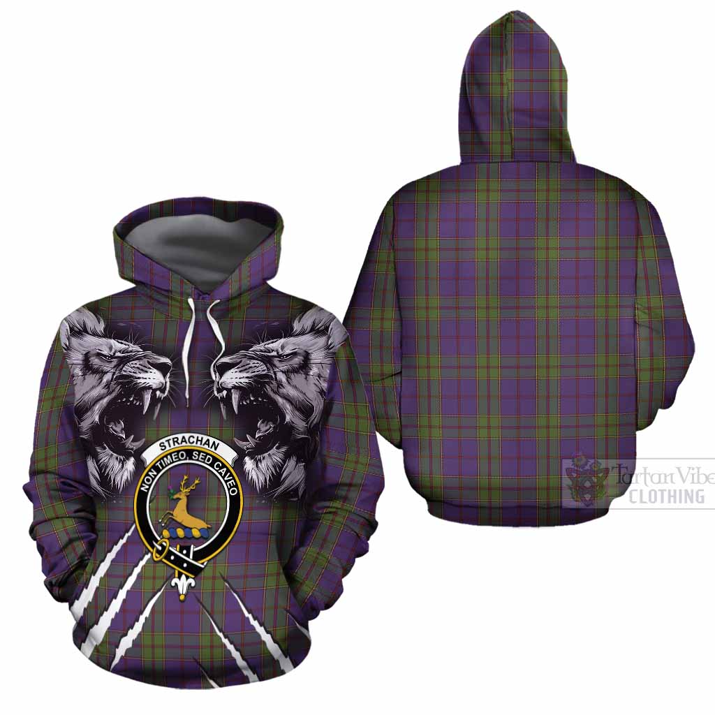 Strachan Tartan Crest Cotton Hoodie Ferocious Lion Style