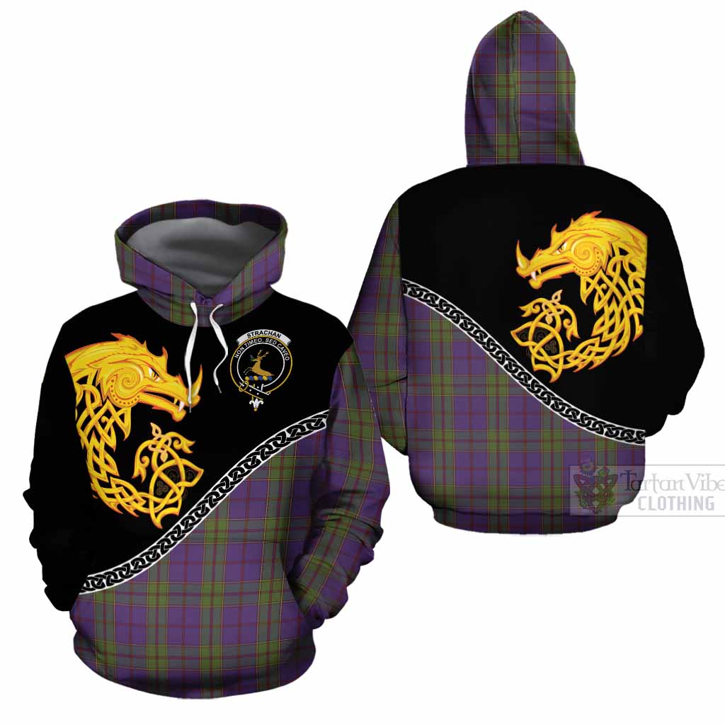 Strachan Tartan Crest Cotton Hoodie Legendary Dragon Knot Half Style