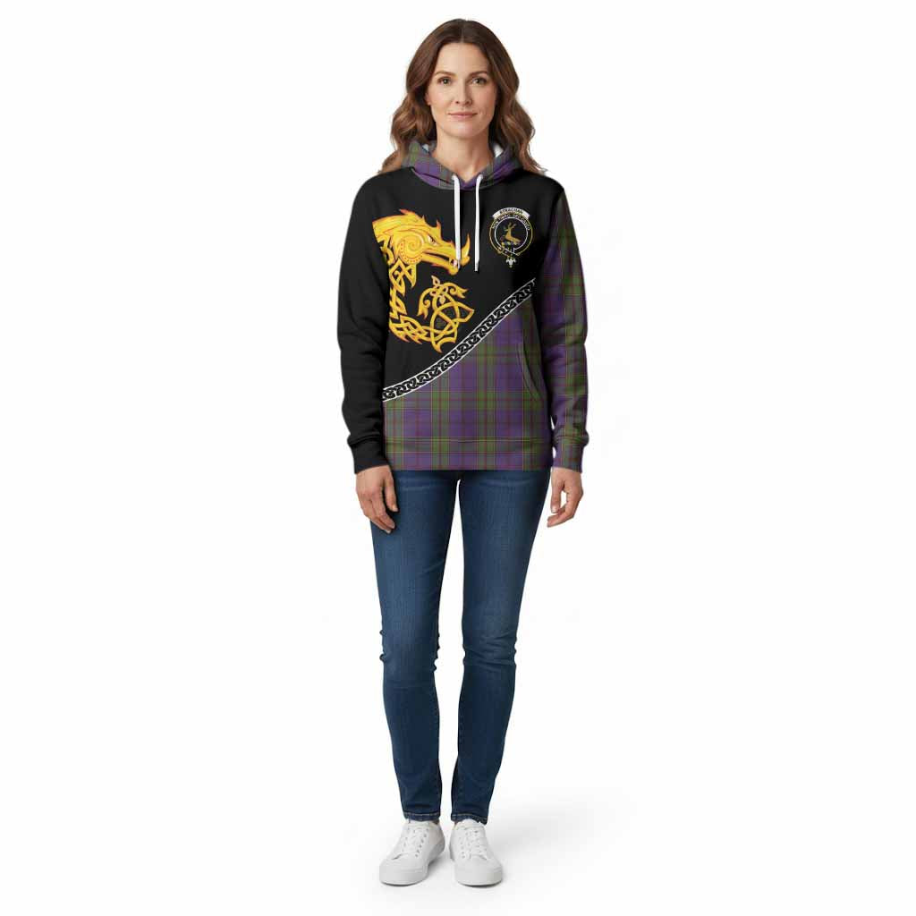 Strachan Tartan Crest Cotton Hoodie Legendary Dragon Knot Half Style