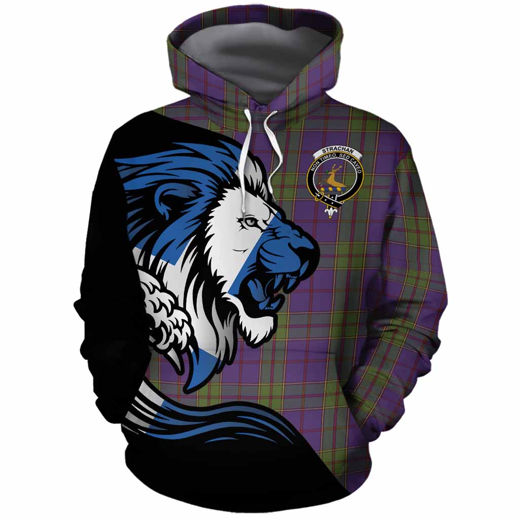 Strachan Tartan Crest Cotton Hoodie Scottish Golden Lions Wave Flow