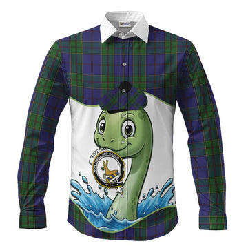 Strachan Tartan Crest Cute Nessie Long Sleeve Button Shirts Scottish Loch Ness Monster