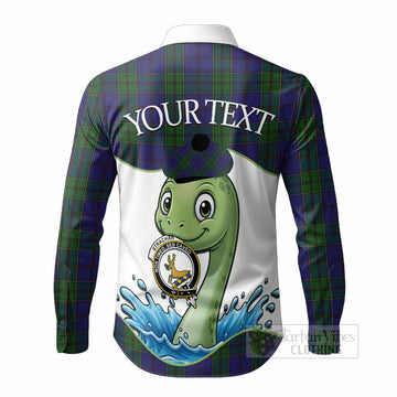Strachan Tartan Crest Cute Nessie Long Sleeve Button Shirts Scottish Loch Ness Monster