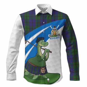 Strachan Tartan Crest Golf Nessie Long Sleeve Button Shirts Loch Ness Monster Sporty Style
