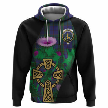 Strachan Tartan Crest Hoodie Celtic Cross Thistle Flowers