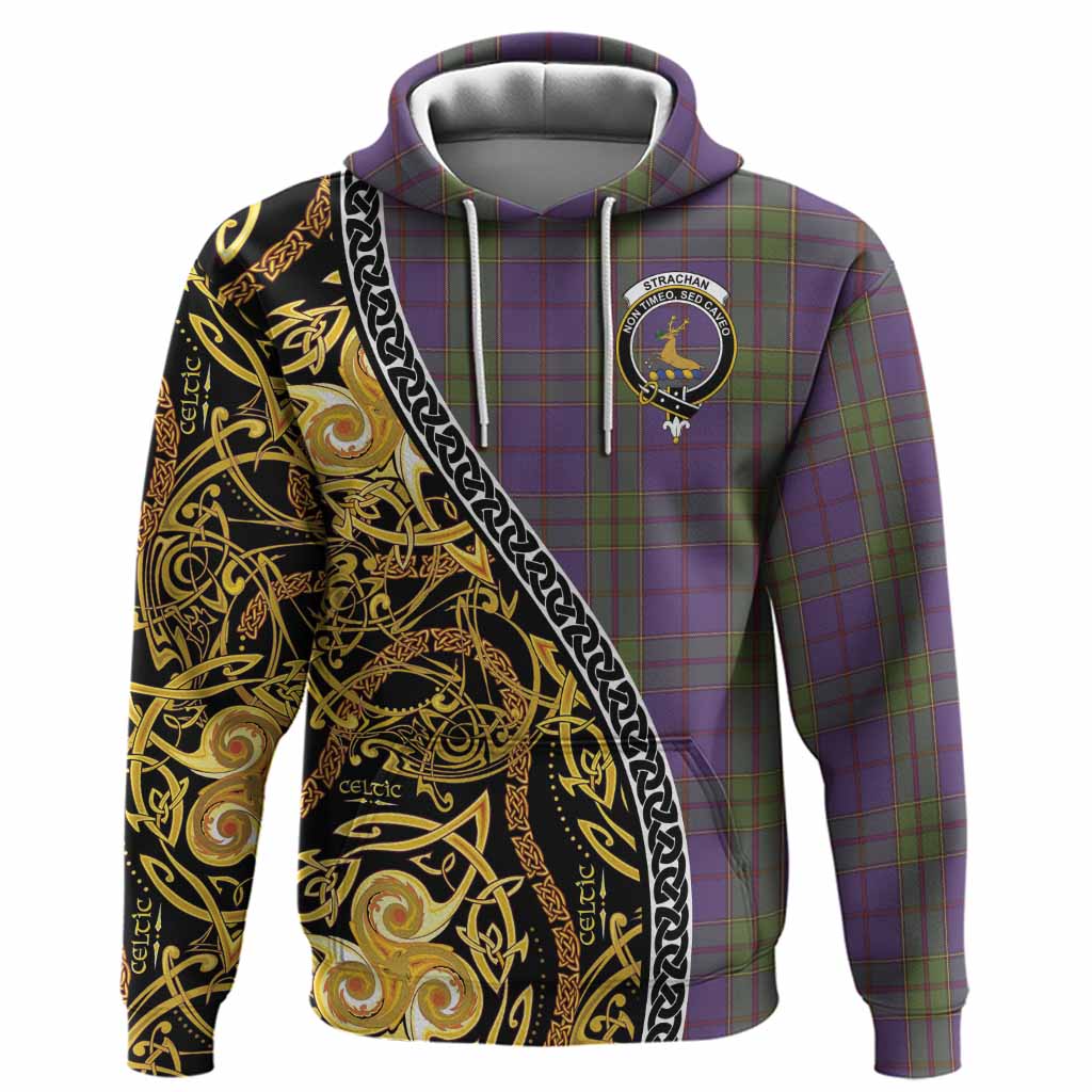 Strachan Tartan Crest Hoodie Celtic Knot and Triple Trickle Spiral Symbols