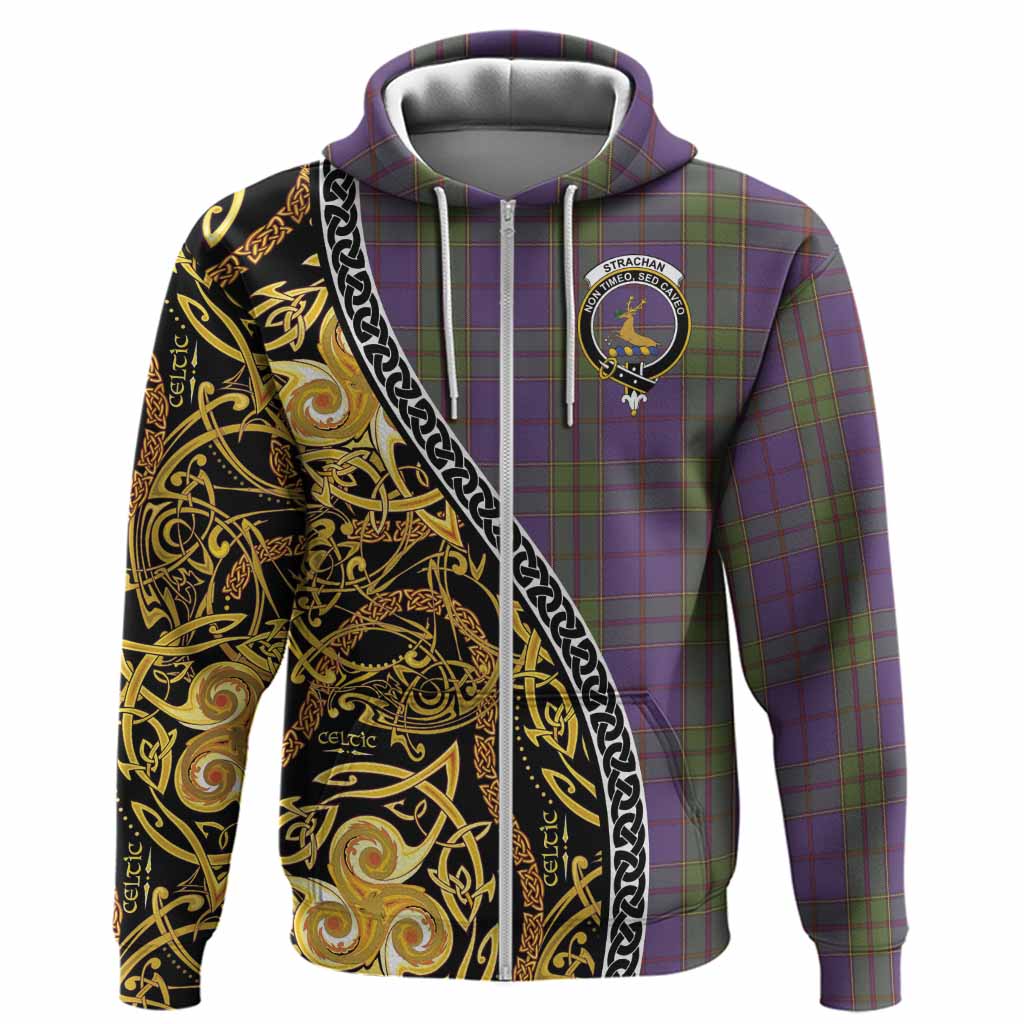 Strachan Tartan Crest Hoodie Celtic Knot and Triple Trickle Spiral Symbols