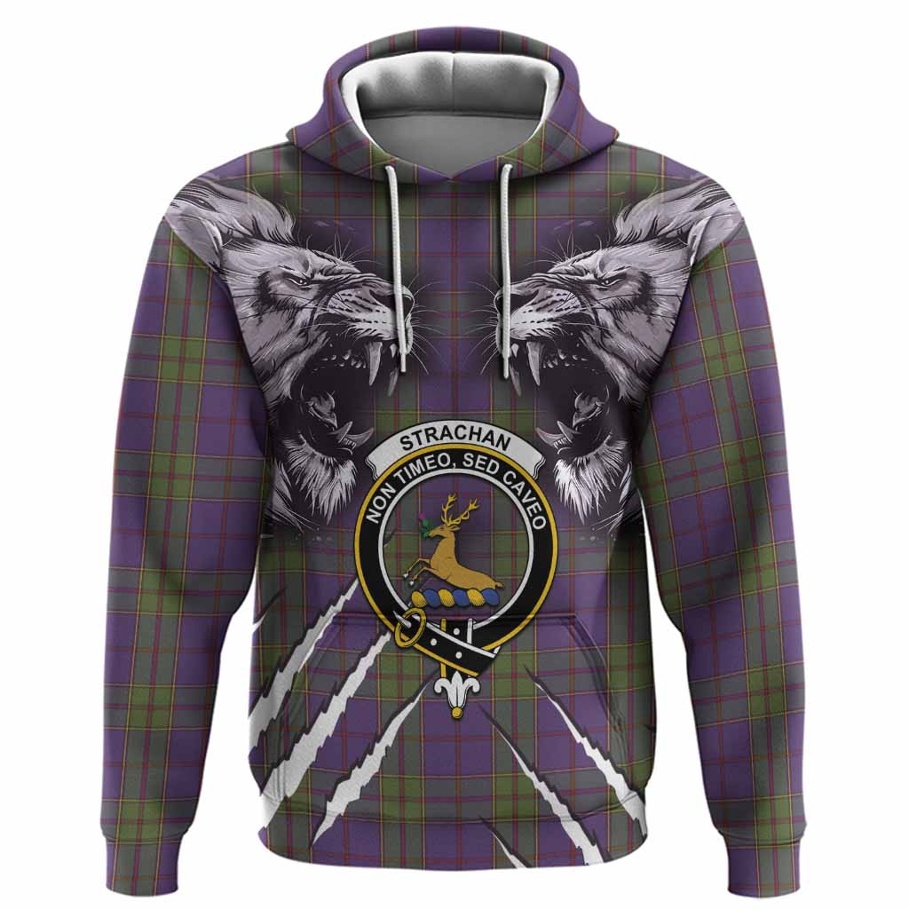 Strachan Tartan Crest Hoodie Ferocious Lion Style