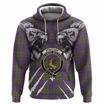 Strachan Tartan Crest Hoodie Ferocious Lion Style