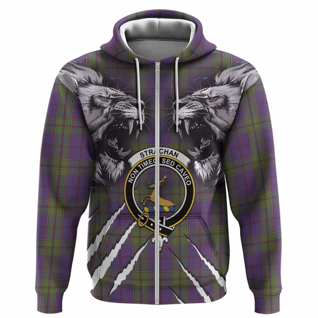 Strachan Tartan Crest Hoodie Ferocious Lion Style
