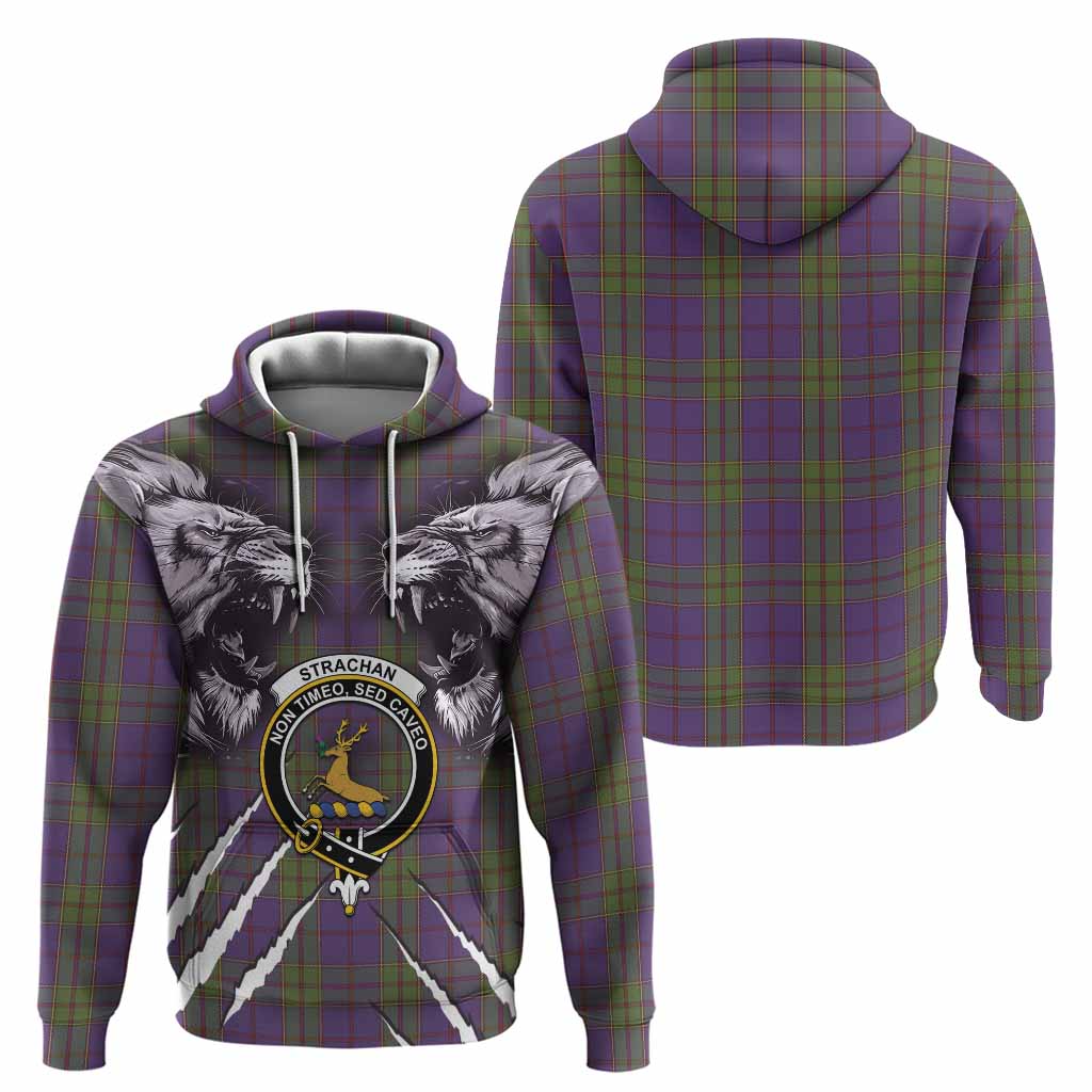Strachan Tartan Crest Hoodie Ferocious Lion Style