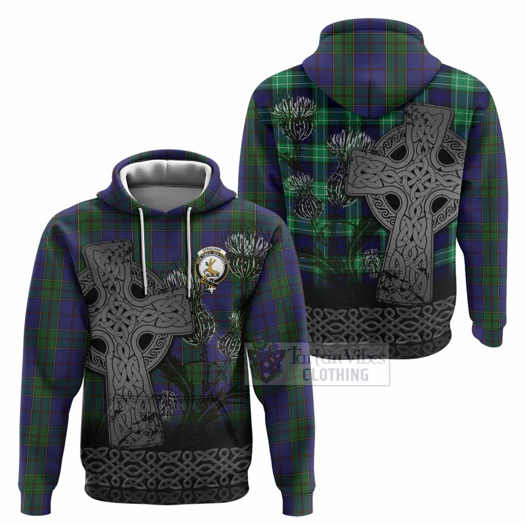 Strachan Tartan Crest Hoodie Grunge Celtic Cross Scottish Thistle