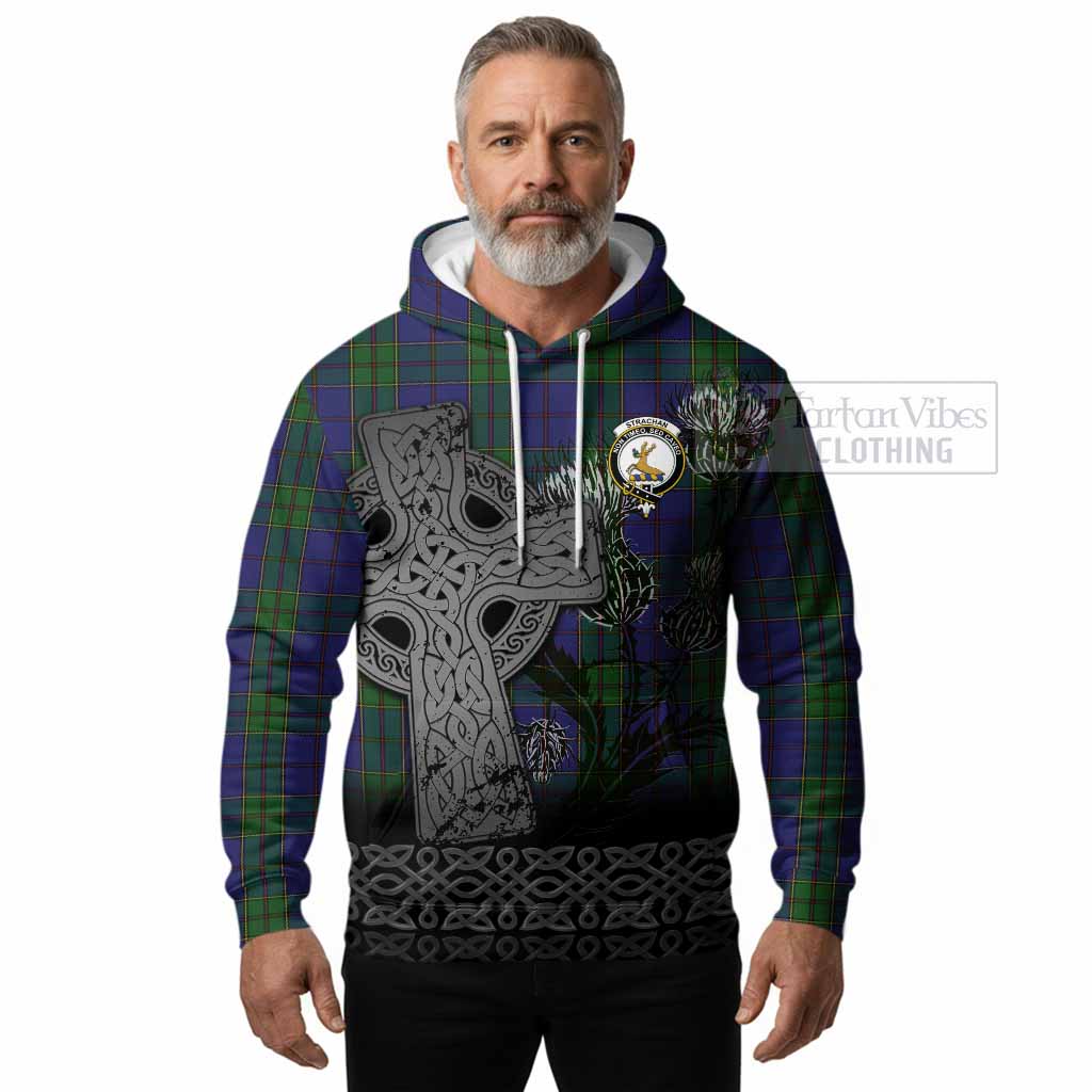 Strachan Tartan Crest Hoodie Grunge Celtic Cross Scottish Thistle