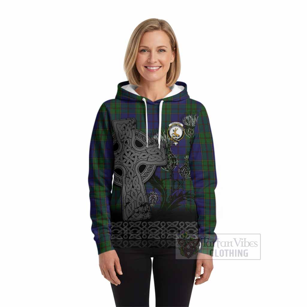 Strachan Tartan Crest Hoodie Grunge Celtic Cross Scottish Thistle