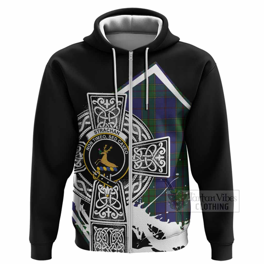 Strachan Tartan Crest Hoodie Scottish Celtic Cross Heritage