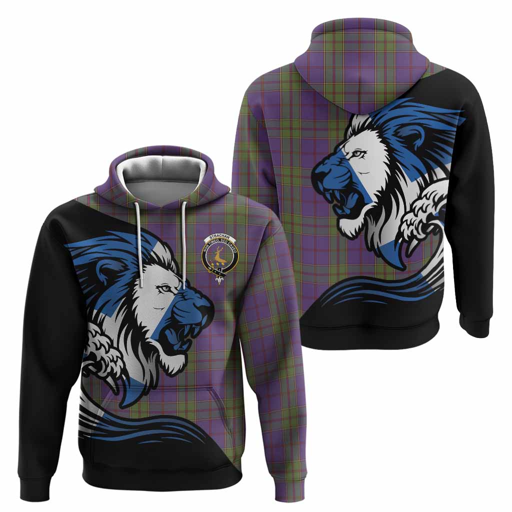 Strachan Tartan Crest Hoodie Scottish Golden Lions Wave Flow