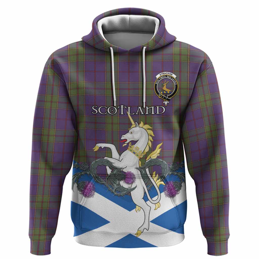 Strachan Tartan Crest Hoodie Scottish Unicorn With Thistle