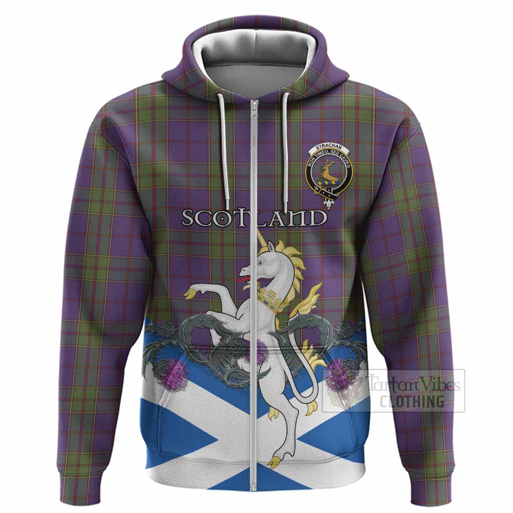 Strachan Tartan Crest Hoodie Scottish Unicorn With Thistle