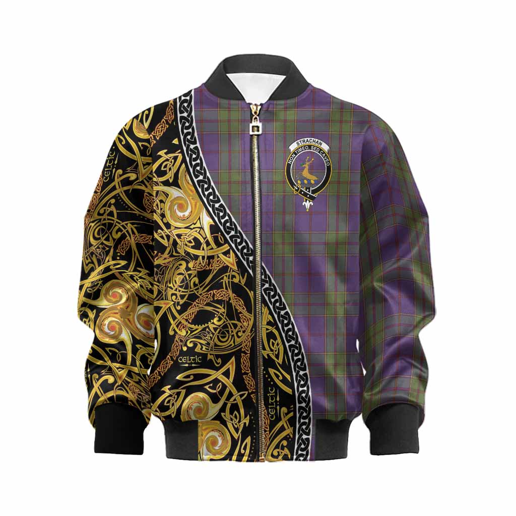 Strachan Tartan Crest Kid Bomber Jacket Celtic Knot and Triple Trickle Spiral Symbols