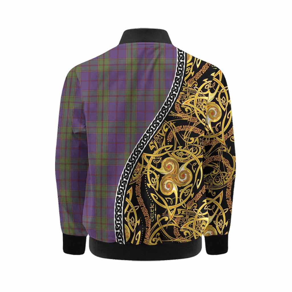 Strachan Tartan Crest Kid Bomber Jacket Celtic Knot and Triple Trickle Spiral Symbols