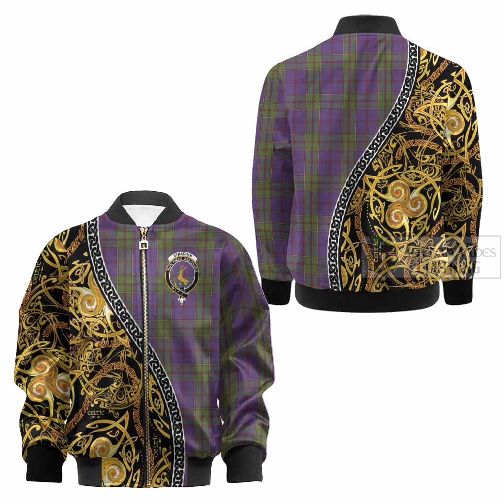 Strachan Tartan Crest Kid Bomber Jacket Celtic Knot and Triple Trickle Spiral Symbols