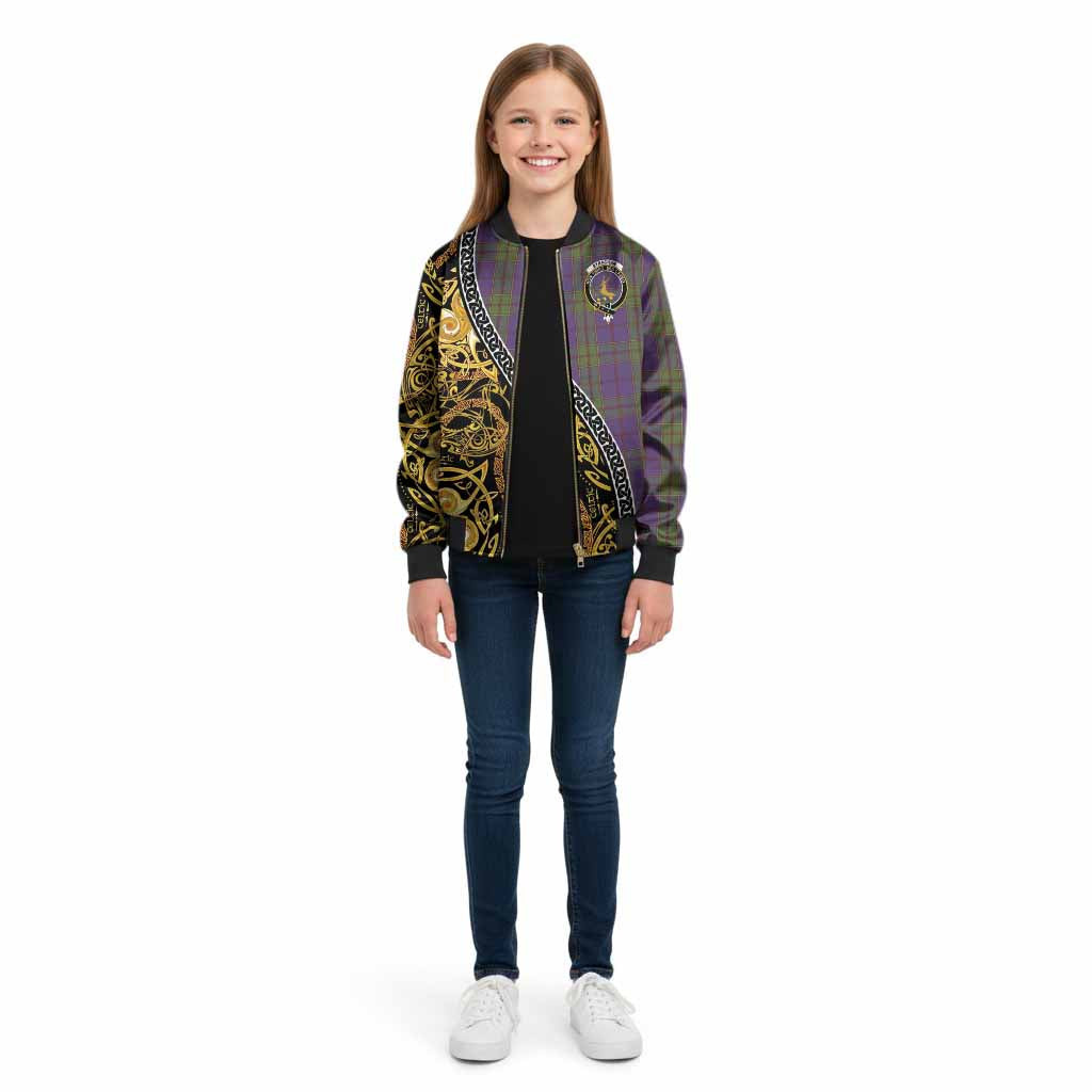Strachan Tartan Crest Kid Bomber Jacket Celtic Knot and Triple Trickle Spiral Symbols