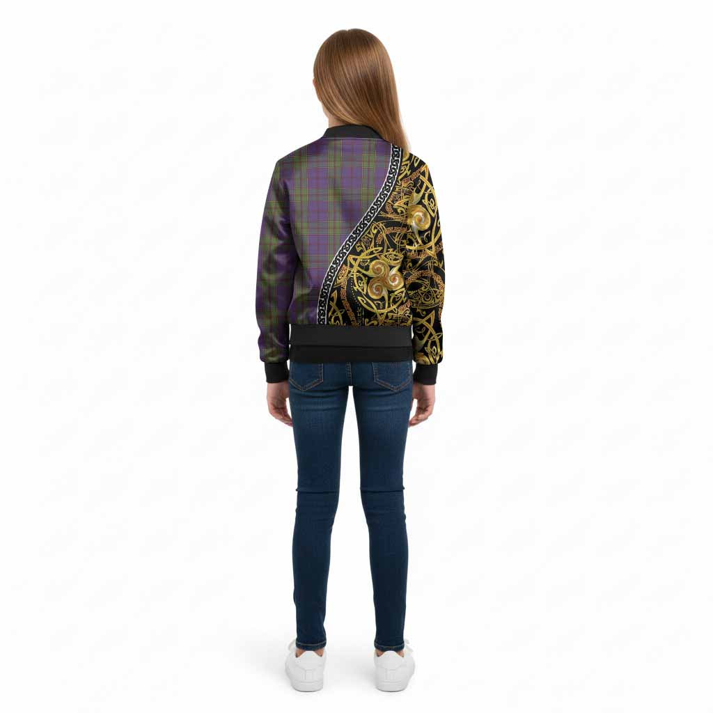 Strachan Tartan Crest Kid Bomber Jacket Celtic Knot and Triple Trickle Spiral Symbols