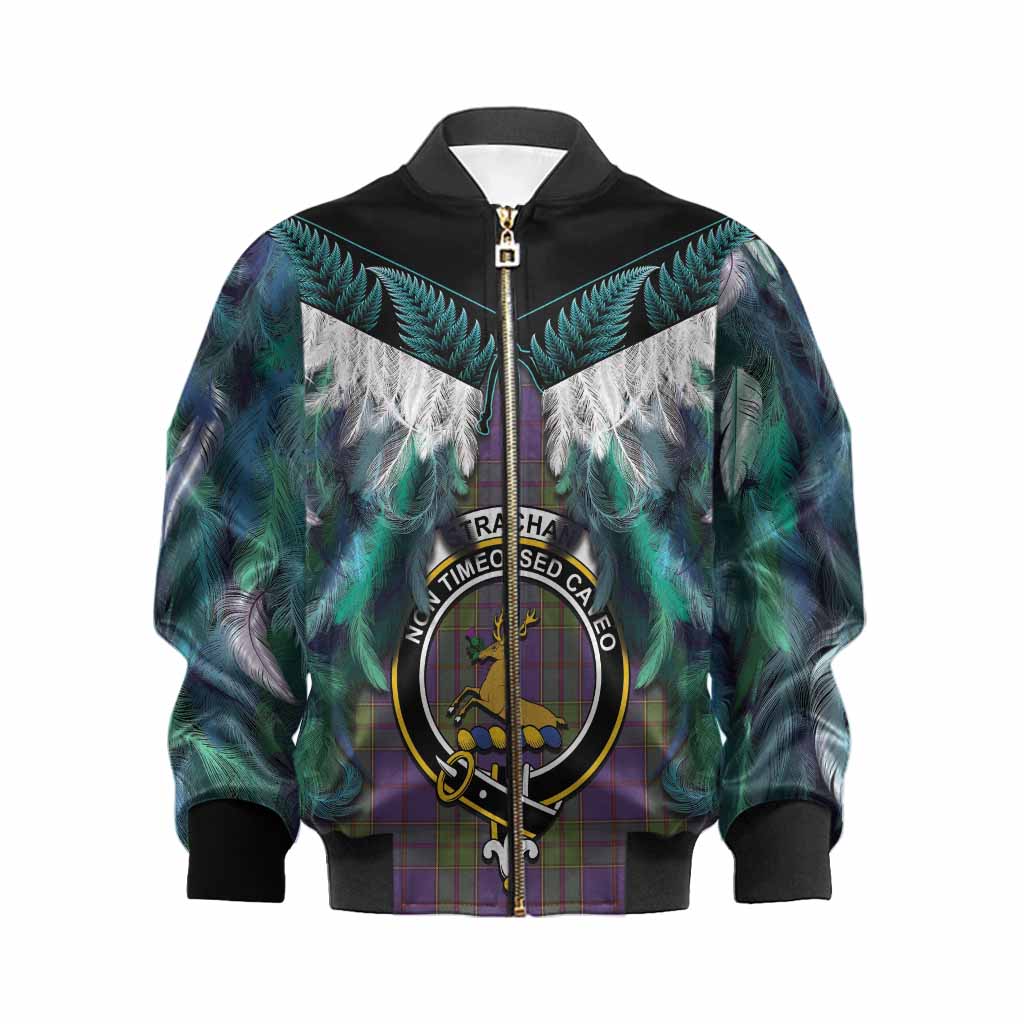 Strachan Tartan Crest Kid Bomber Jacket New Zealand Maori Korowai Cloak