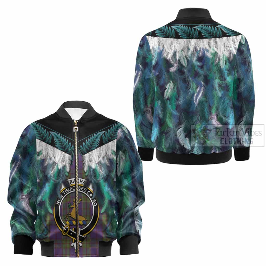 Strachan Tartan Crest Kid Bomber Jacket New Zealand Maori Korowai Cloak