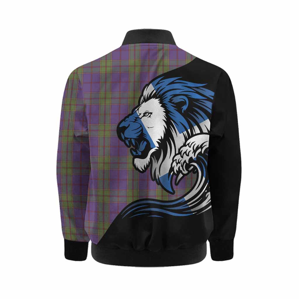 Strachan Tartan Crest Kid Bomber Jacket Scottish Golden Lions Wave Flow