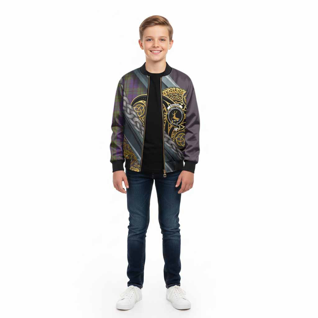 Strachan Tartan Crest Kid Bomber Jacket Scottish Triskele Celtic
