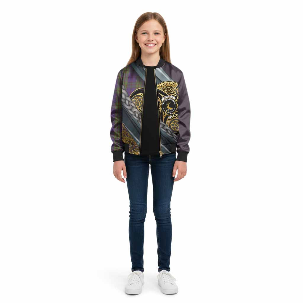 Strachan Tartan Crest Kid Bomber Jacket Scottish Triskele Celtic