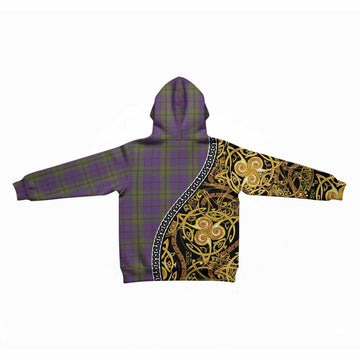 Strachan Tartan Crest Kid Hoodie Celtic Knot and Triple Trickle Spiral Symbols