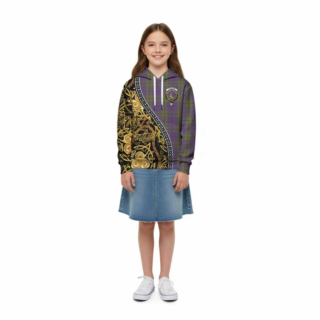 Strachan Tartan Crest Kid Hoodie Celtic Knot and Triple Trickle Spiral Symbols