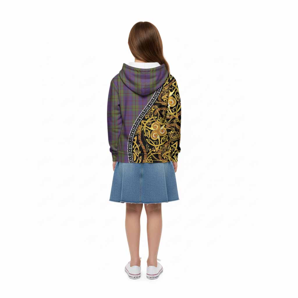 Strachan Tartan Crest Kid Hoodie Celtic Knot and Triple Trickle Spiral Symbols
