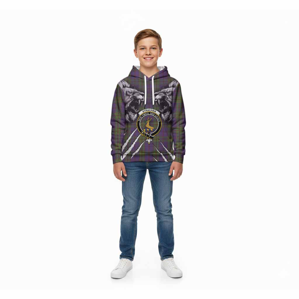 Strachan Tartan Crest Kid Hoodie Ferocious Lion Style