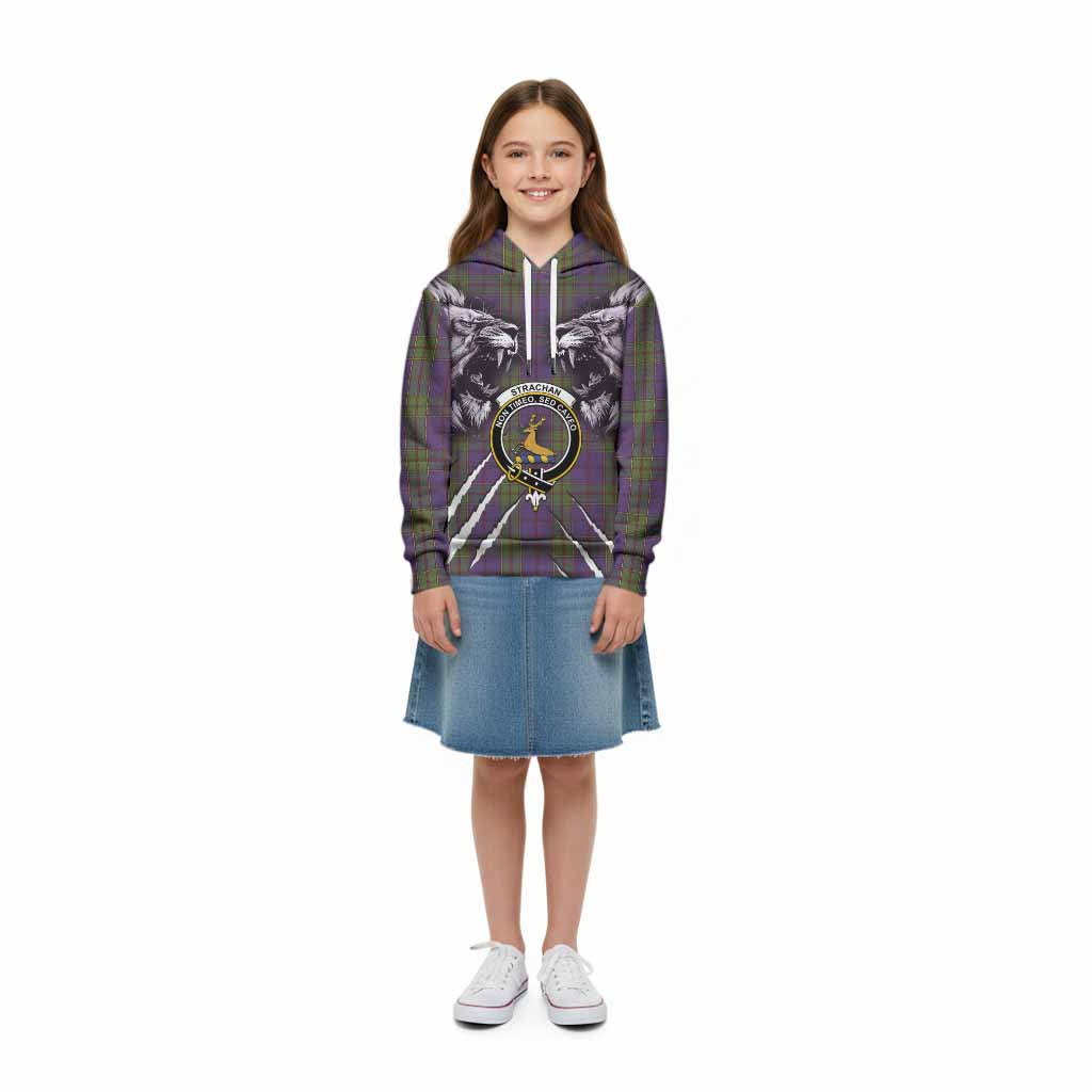 Strachan Tartan Crest Kid Hoodie Ferocious Lion Style