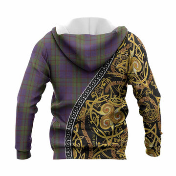 Strachan Tartan Crest Knitted Hoodie Celtic Knot and Triple Trickle Spiral Symbols