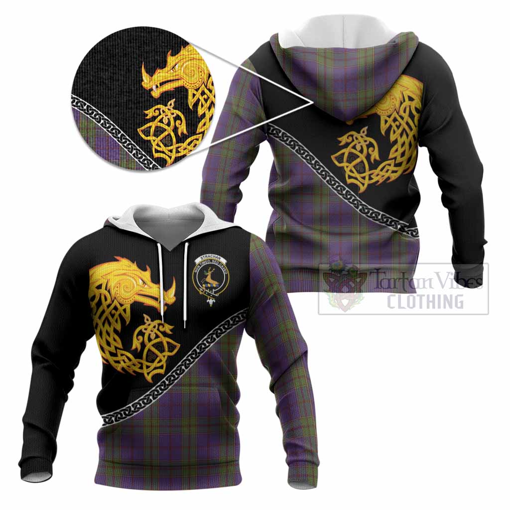 Strachan Tartan Crest Knitted Hoodie Legendary Dragon Knot Half Style