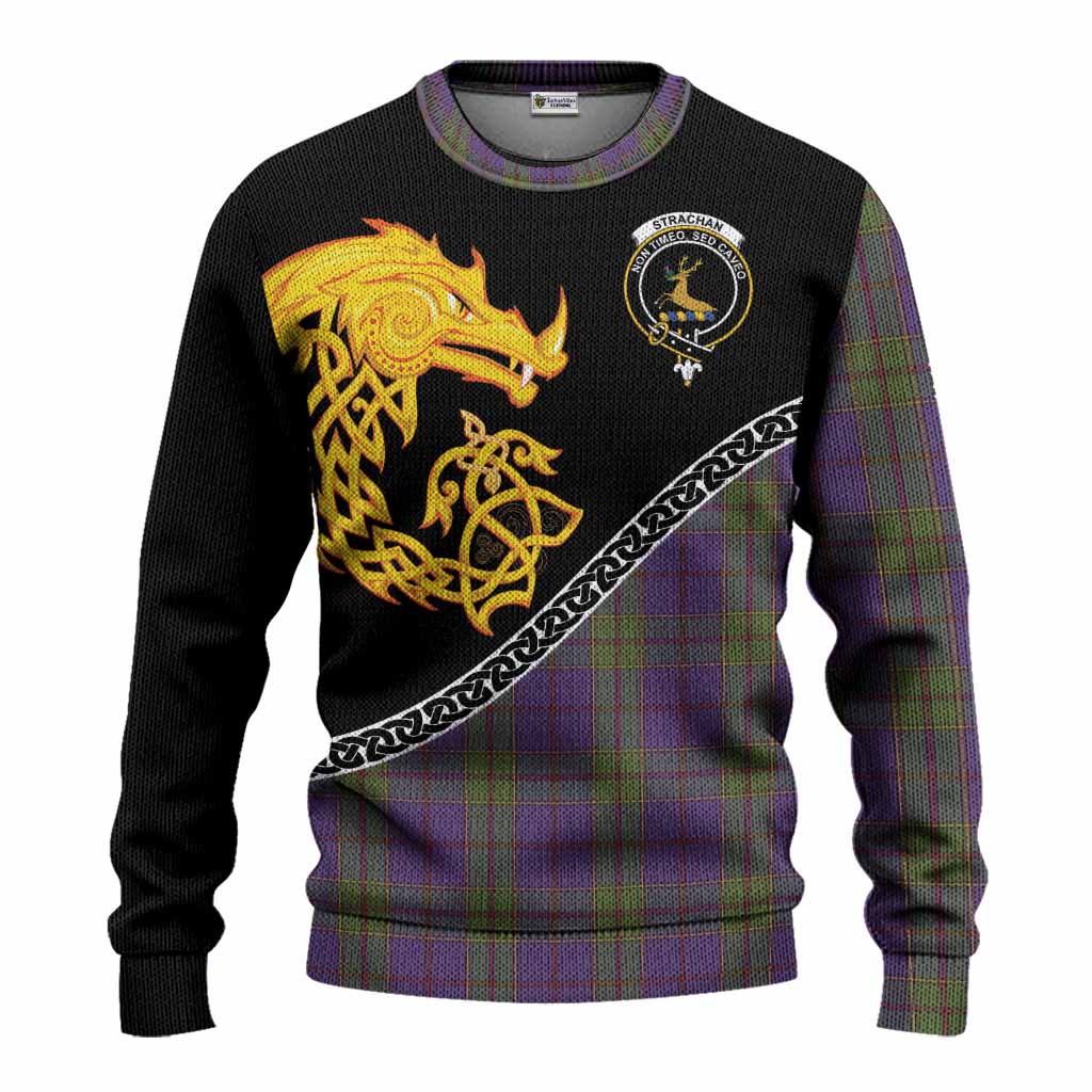 Strachan Tartan Crest Knitted Sweater Legendary Dragon Knot Half Style