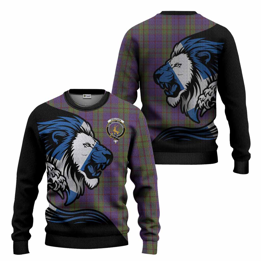 Strachan Tartan Crest Knitted Sweater Scottish Golden Lions Wave Flow