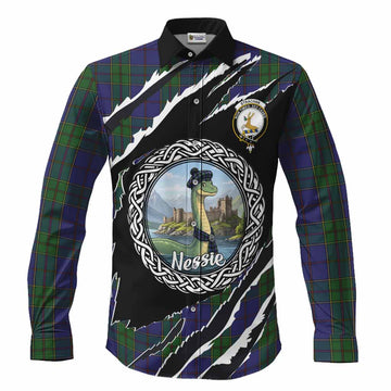 Strachan Tartan Crest Loch Ness Monster Long Sleeve Button Shirts Celtic Knot Nessie Art