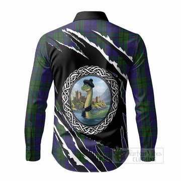 Strachan Tartan Crest Loch Ness Monster Long Sleeve Button Shirts Celtic Knot Nessie Art