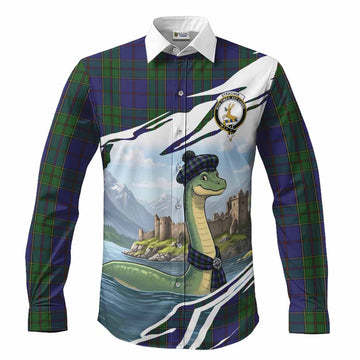 Strachan Tartan Crest Loch Ness Monster Scottish Heritage Art Long Sleeve Button Shirts