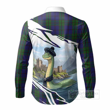Strachan Tartan Crest Loch Ness Monster Scottish Heritage Art Long Sleeve Button Shirts