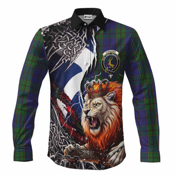 Strachan Tartan Crest Long Sleeve Button Shirts Heritage Flag Grunge Celtic Knot and Lion Rampant